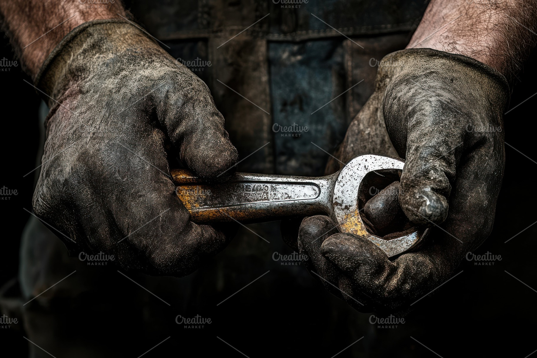 Dirty hands holding a rusty wrench H, a Background Photo by Pixeness Studio