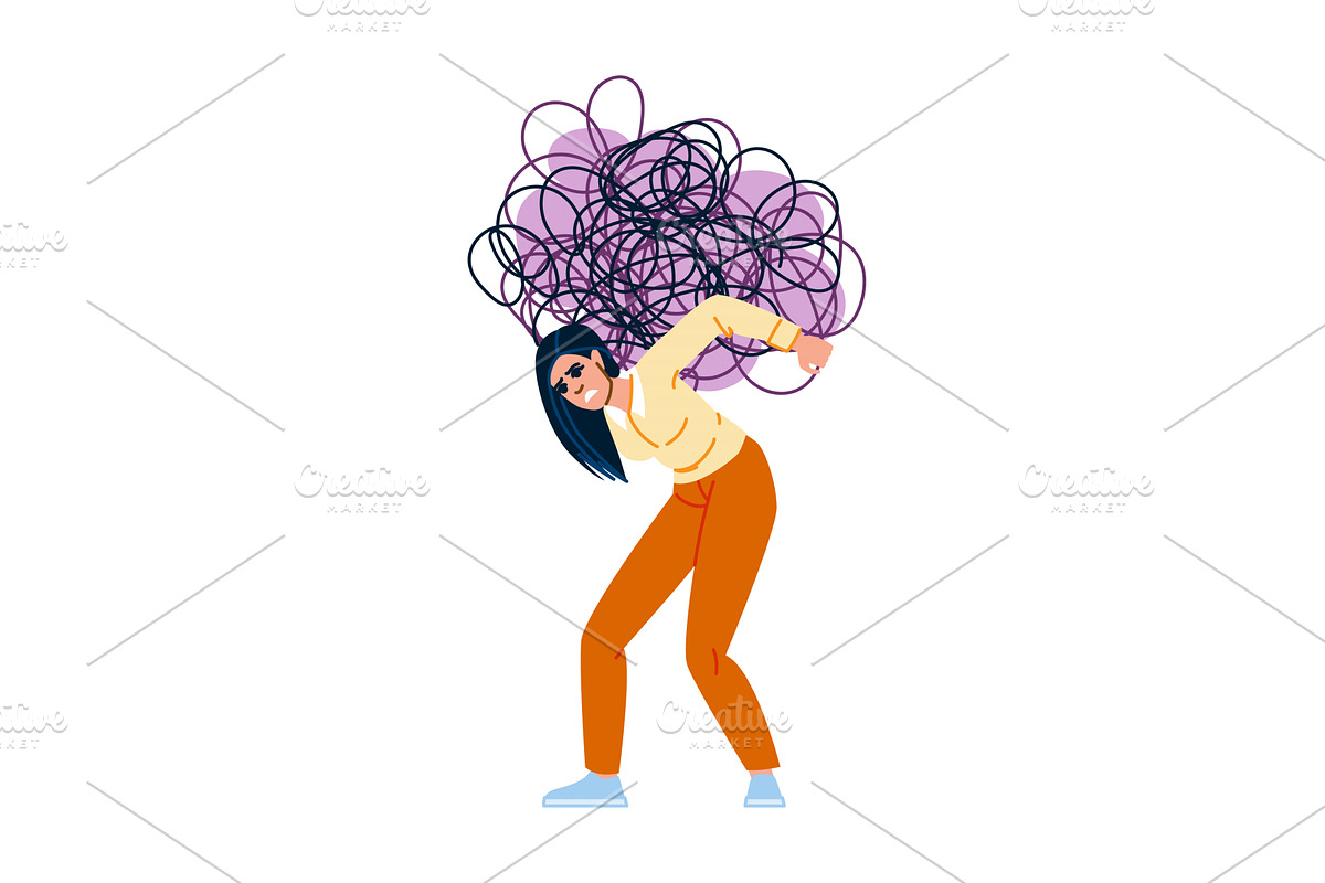 Stressed woman carrying tangled mess, an Object Illustration by pikepicture