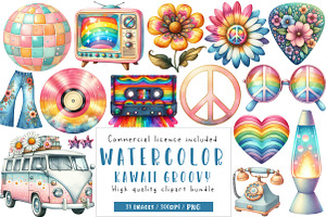 Kawaii 60s Groovy Clipart Bundle, an Illustration by CreationArt