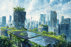 A futuristic cityscape featuring tall buildings with greenery and solar panels, a Technology Illustration by Textures & Backgrounds