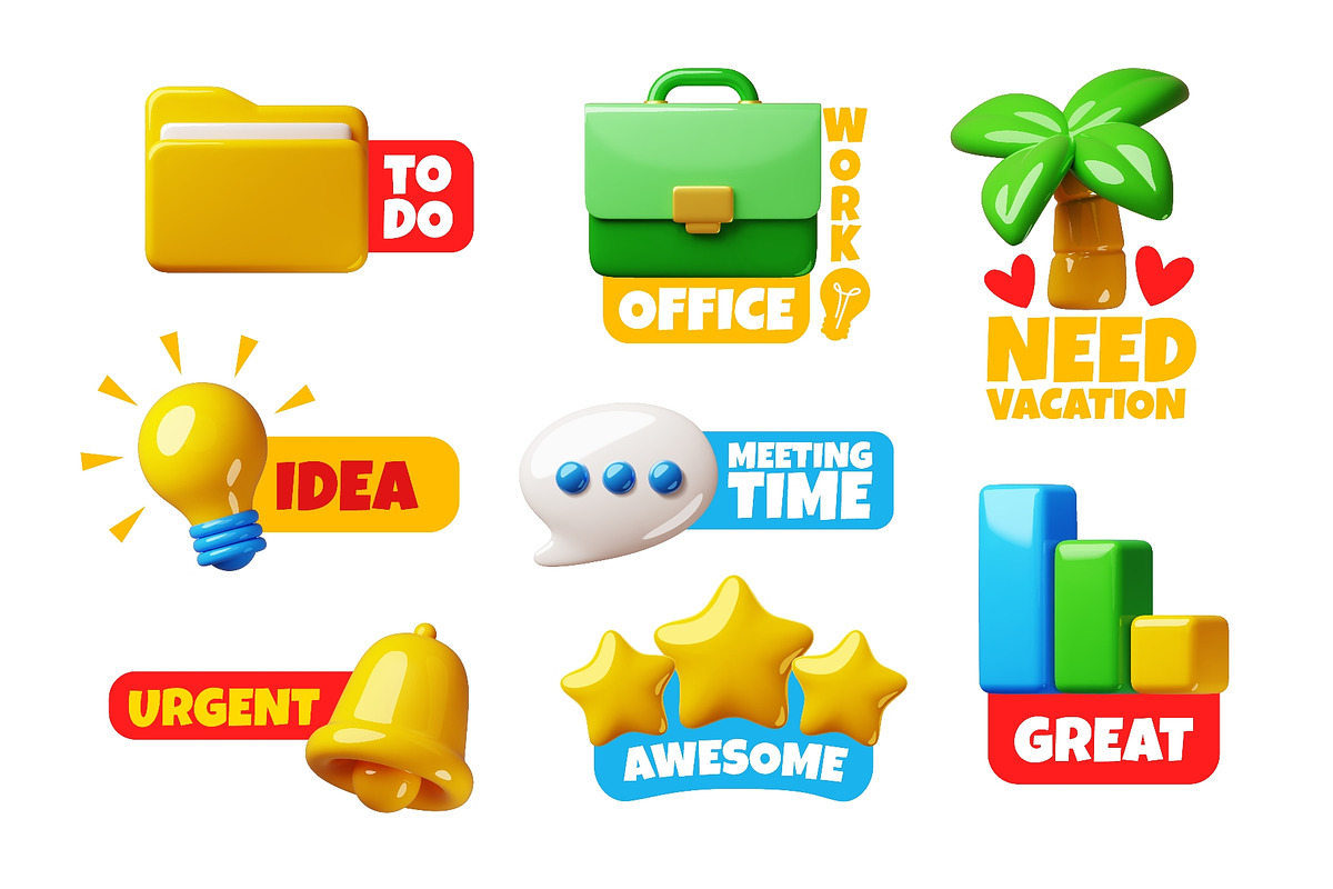 Labels with 3d elements. Office work, an Object Illustration by YummyBuum (Photo 1 of 3)