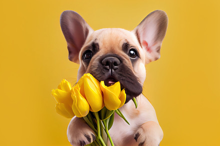 A dog with tulips, postcard for Valentine's day. Generative Ai, an Animal Photo by Ales Munt