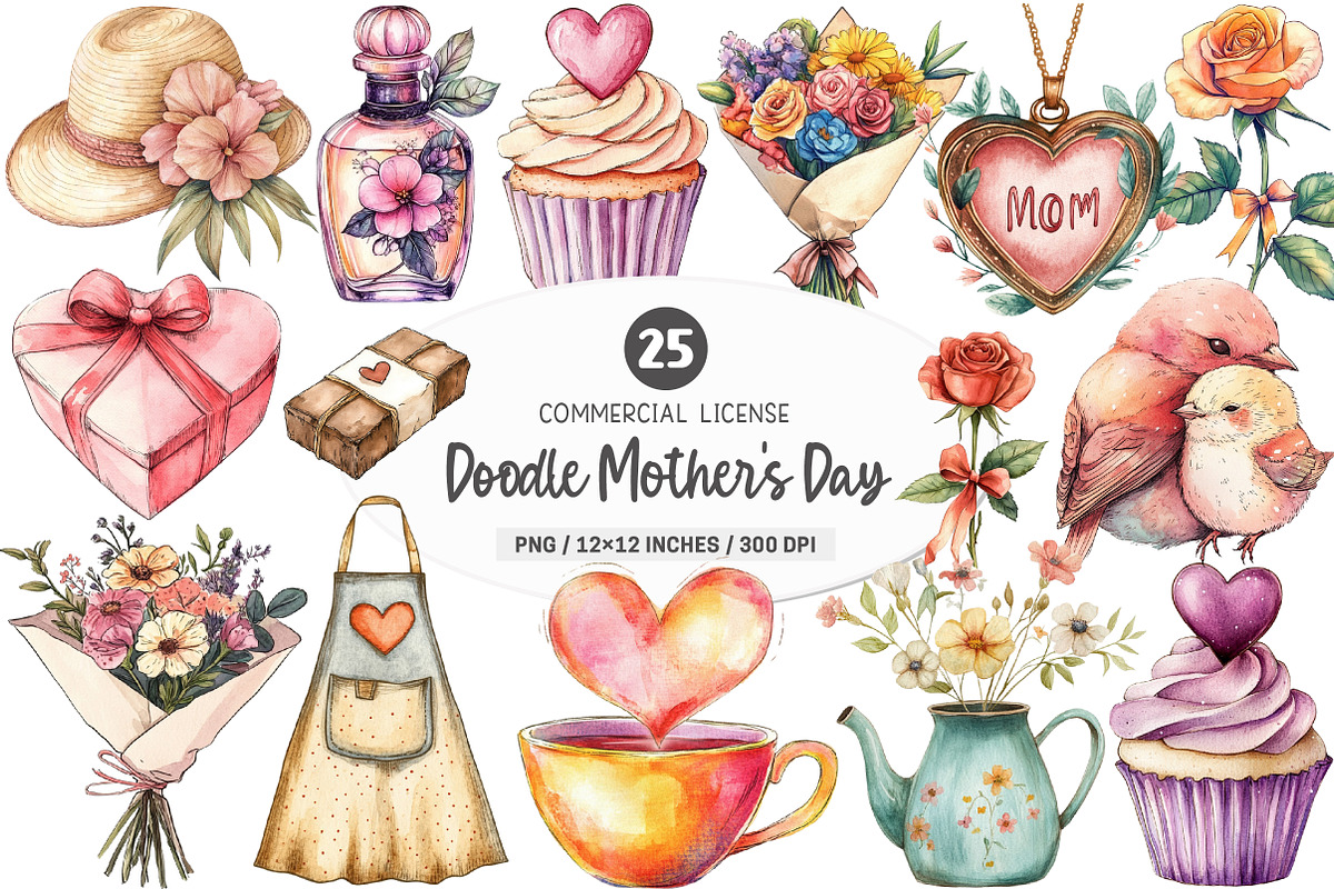 Watercolor Doodle Mother's Day PNG, an Illustration by SinaCreation (Photo 1 of 5)
