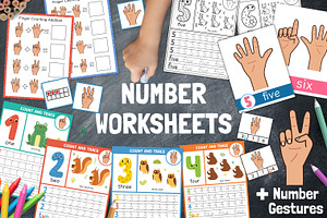 Number Worksheets + Hand Gestures, an Education Illustration by Gulnara Sabirova