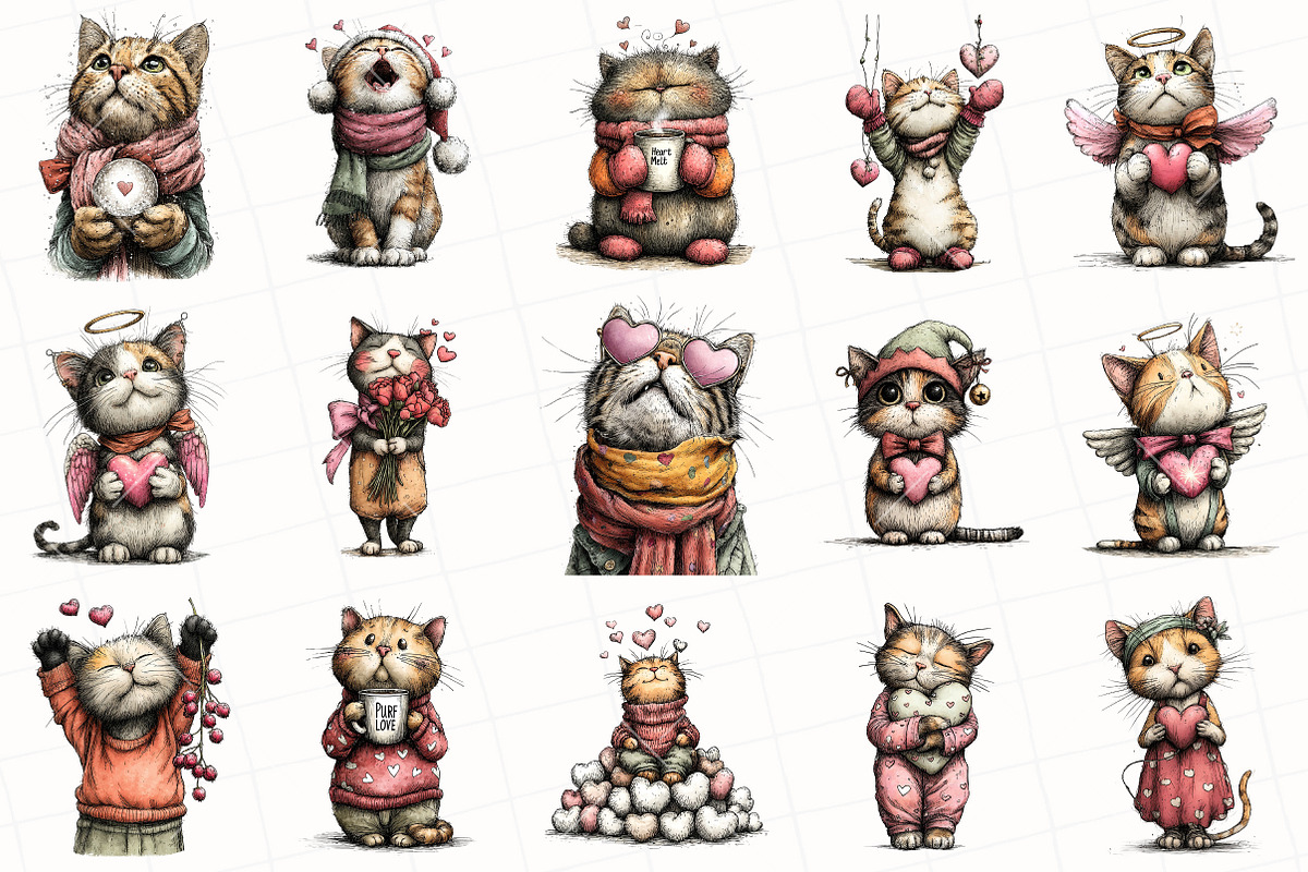 Whimsical Valentine Cat Clipart, an Illustration by OK Design (Photo 3 of 6)