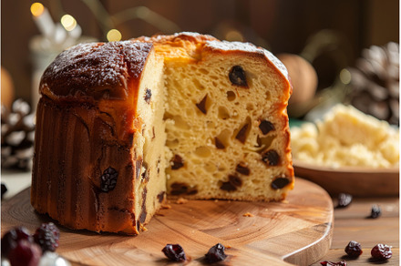 Delicious panettone cake sitting on, a Holiday Photo by Ylivdesign