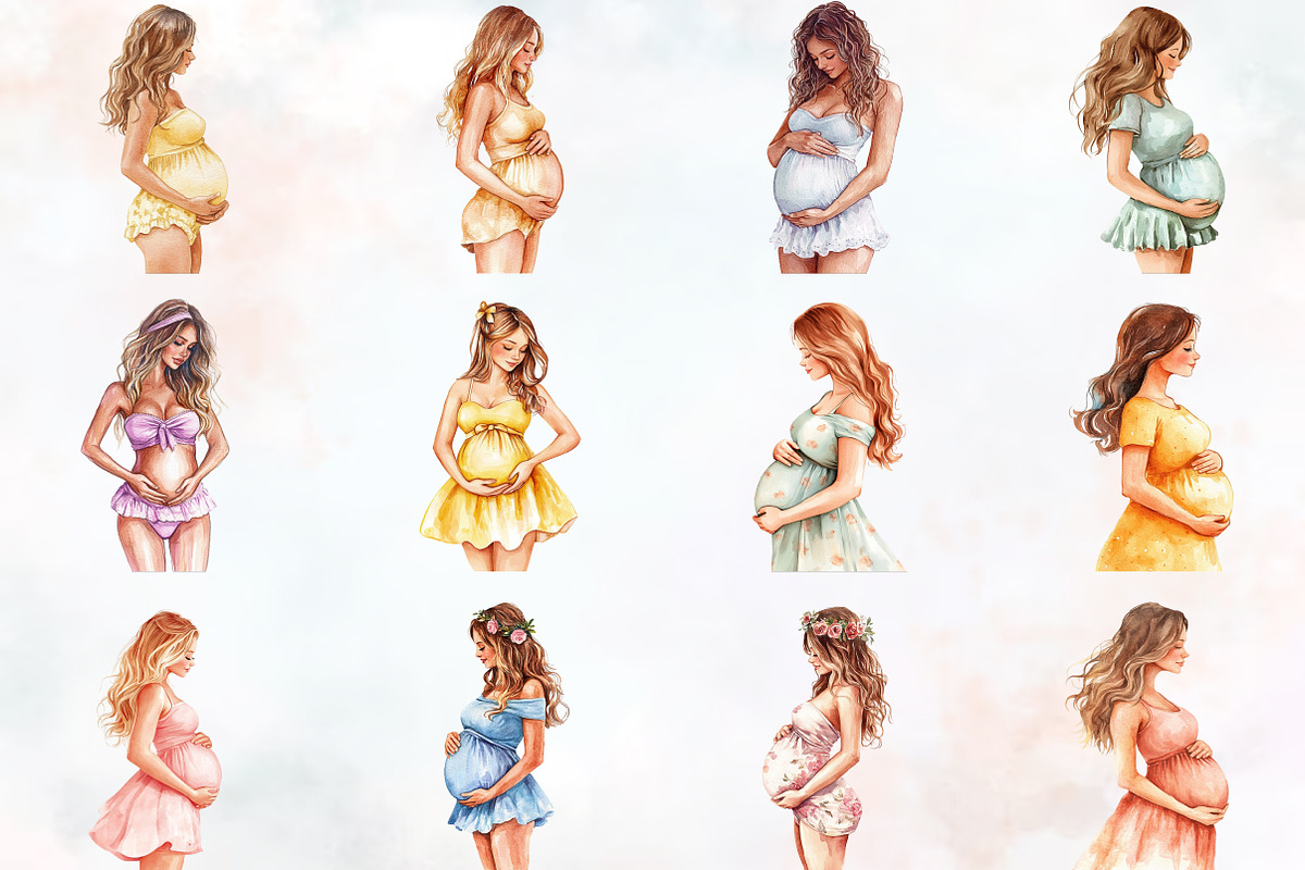 Pregnant Woman Watercolor Clipart, an Illustration by RobertsArt (Photo 2 of 7)