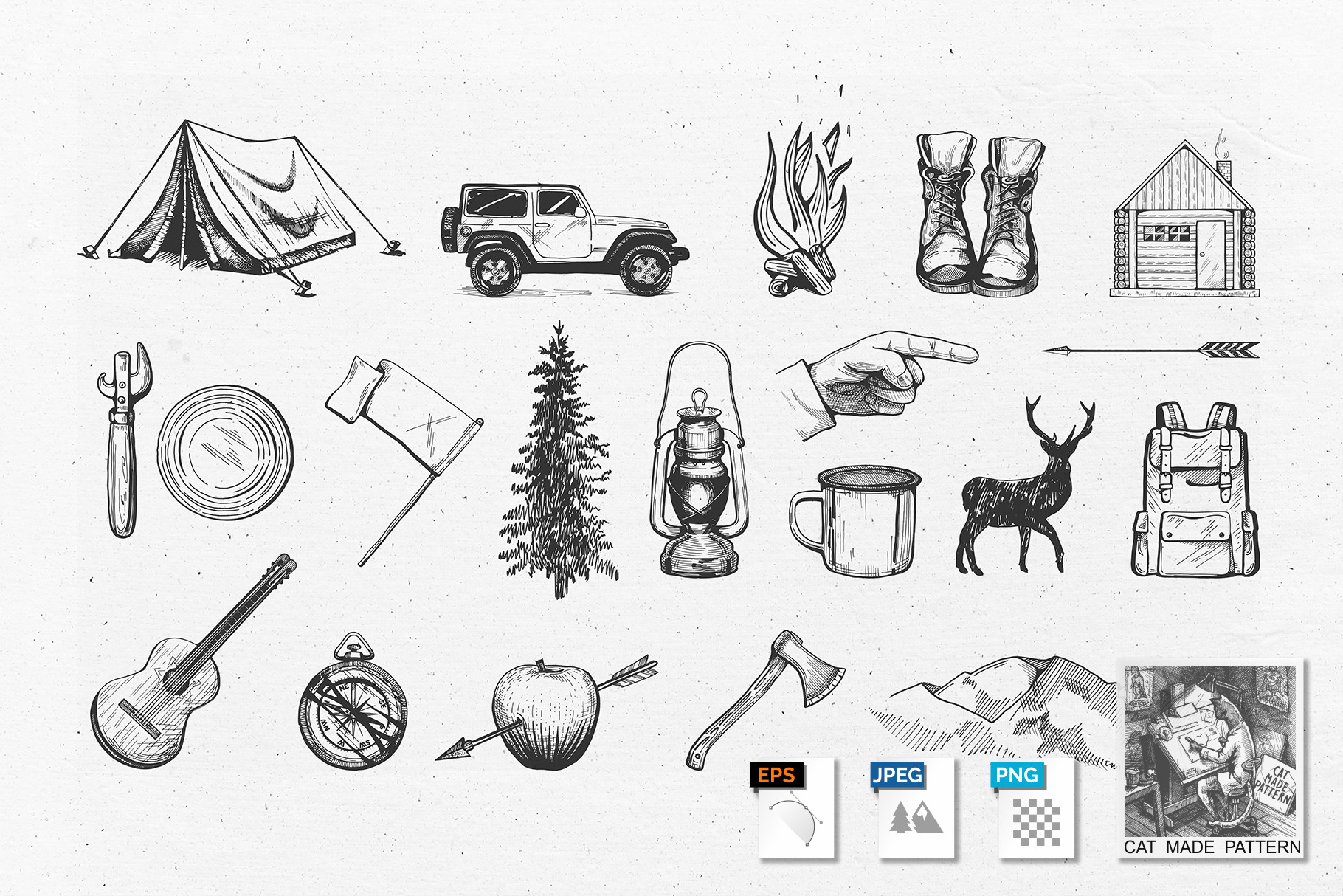 Vintage Hand Drawn Camping Icons by Catmadepattern  Creative Market