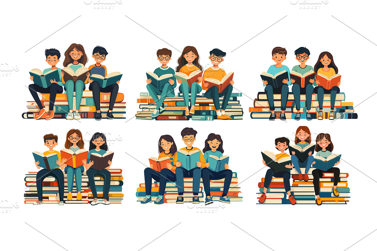 Three teenagers sitting on book pile, an Education Illustration by Onyx