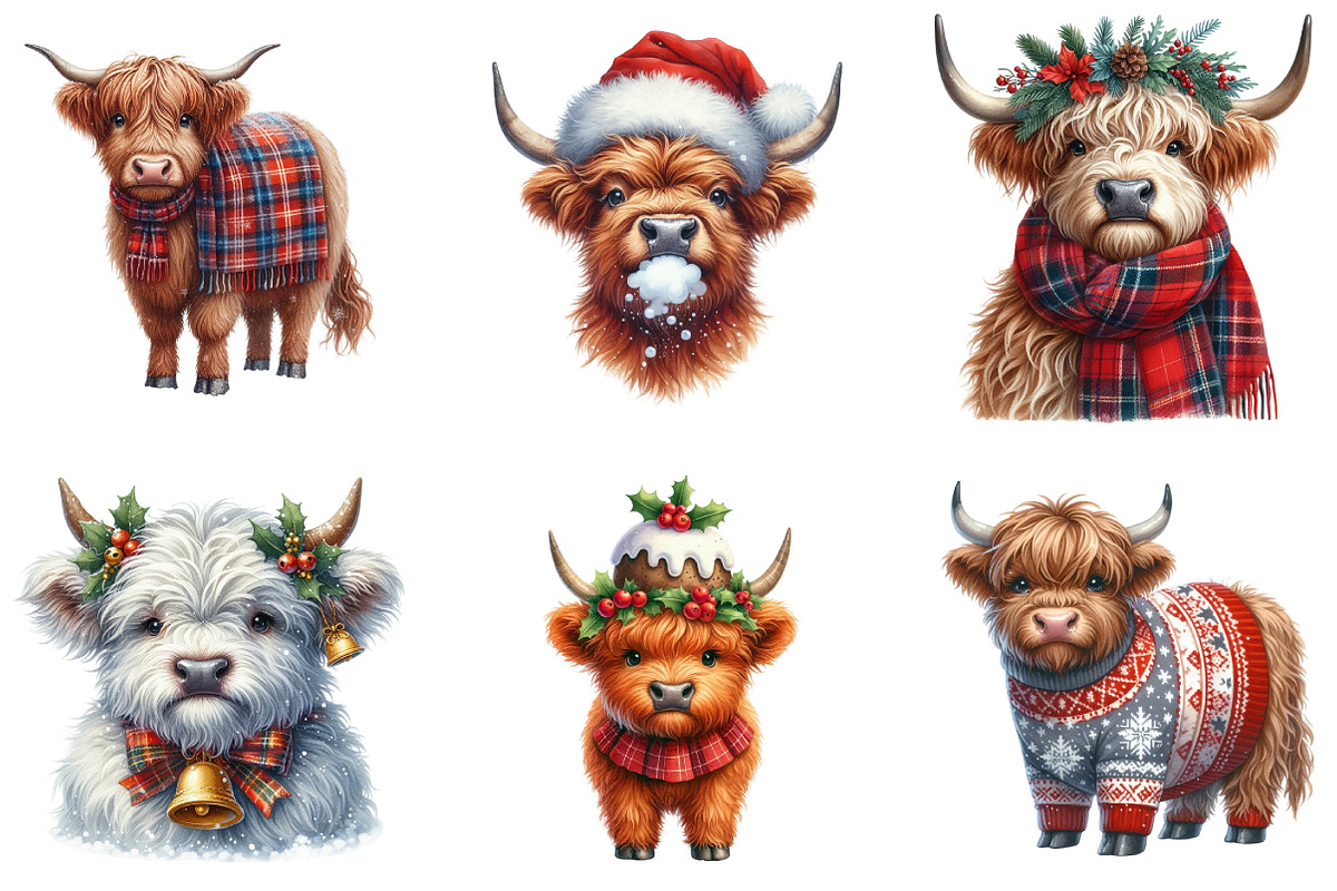 Christmas Highland Cow Clipart, an Illustration by DreamArtGraphic (Photo 5 of 5)