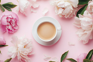 Cup of hot coffee and peony flowers on pink background, a Food & Drink Photo by AlyaAnd