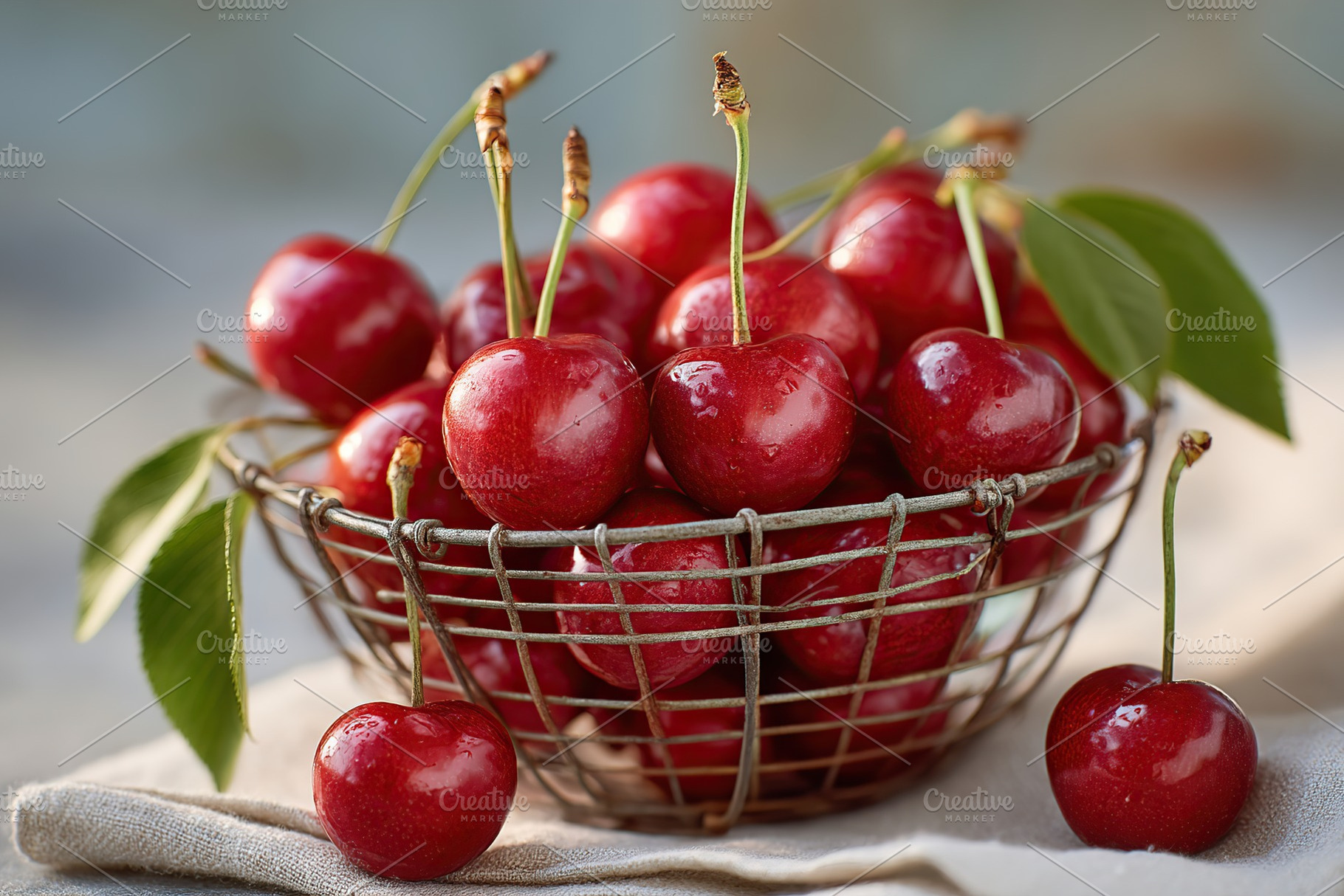 Fresh ripe cherries with stems in a decorative wire basket on a soft cloth, a Food & Drink Photo by AlyaAnd