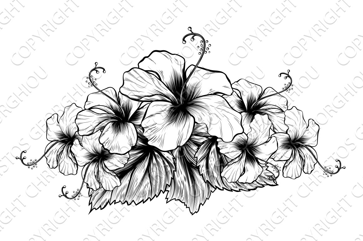 Hibiscus Flowers Vintage Woodcut, an Illustration by Christos Georghiou