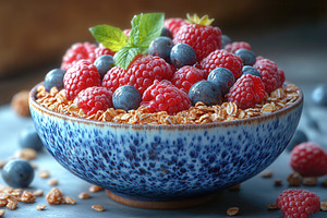 Fresh raspberries and blueberries at, a Photo by Tanuart