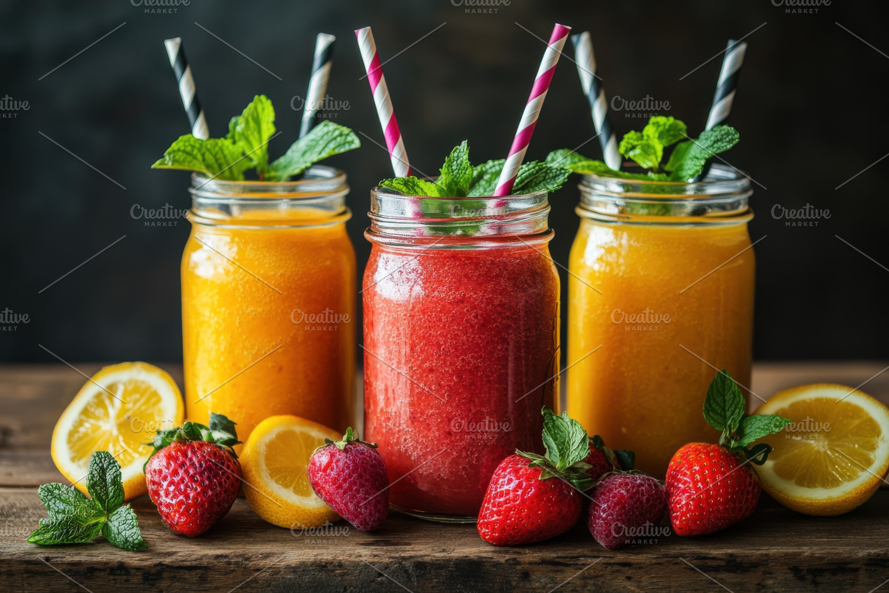 Refreshing fruit smoothies in mason, a Food & Drink Photo by Pixeness Studio
