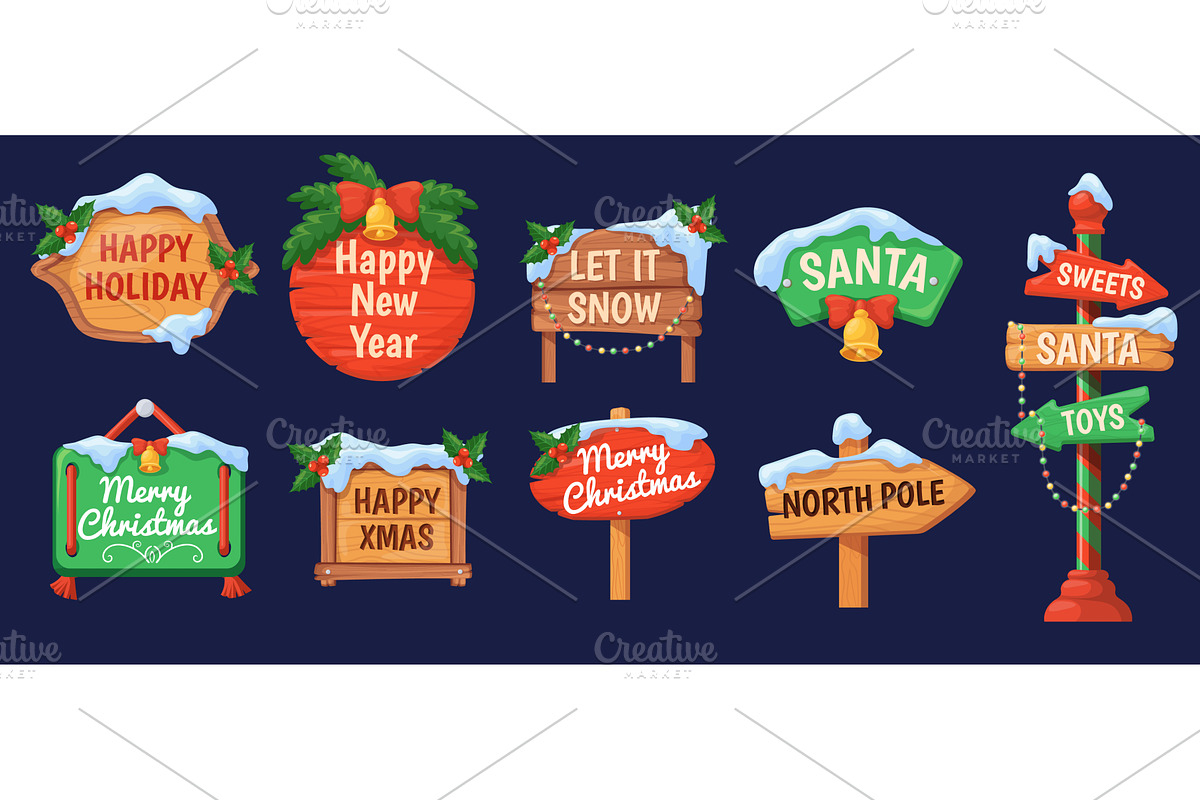 Christmas wooden signs. Cartoon xmas, an Object Illustration by Stock-Smart-Start
