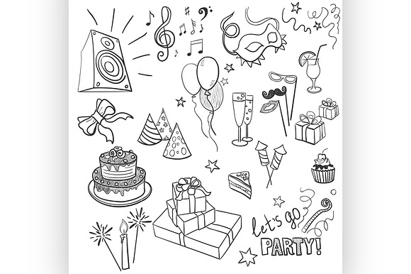 Set Of Sketch Party Objects Doodle