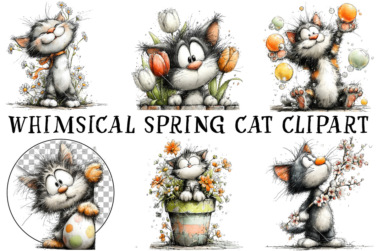 Whimsical Spring Cat Clipart, an Illustration by OK Design (Photo 2 of 6)