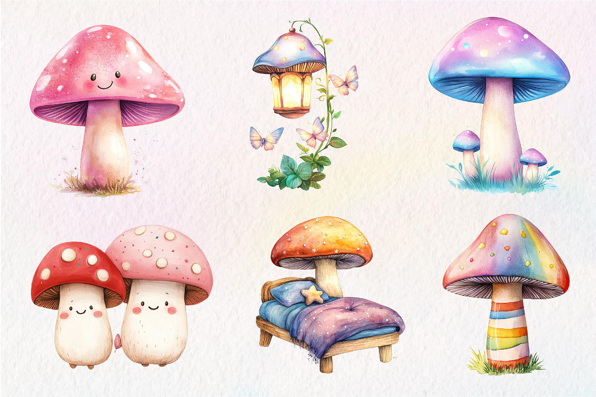 Watercolor Cute Magic Fairy Mushroom, an Illustration by CreationArt (Photo 2 of 9)