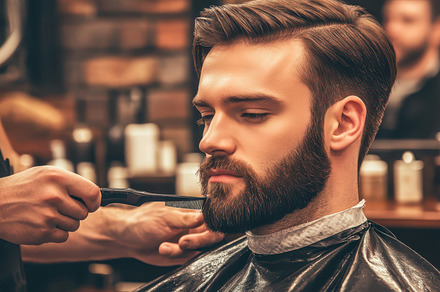 A close-up of a bearded man getting his beard trimmed by a barber, showcasing t, a Person Photo by Mashimara