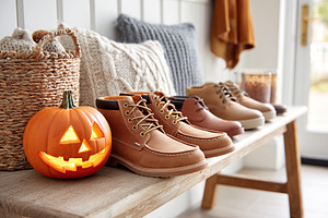 Collection of stylish boots and a carved pumpkin on a rustic bench in autumn, a Holiday Photo by AlyaAnd