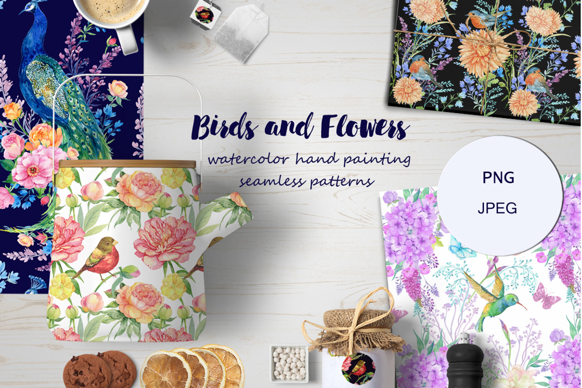 flowers and birds watercolor pattern, a Pattern Graphic by MitrushovaArt (Photo 1 of 7)