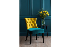 Elegant yellow and teal chair with, an Architecture Photo by Lermont51