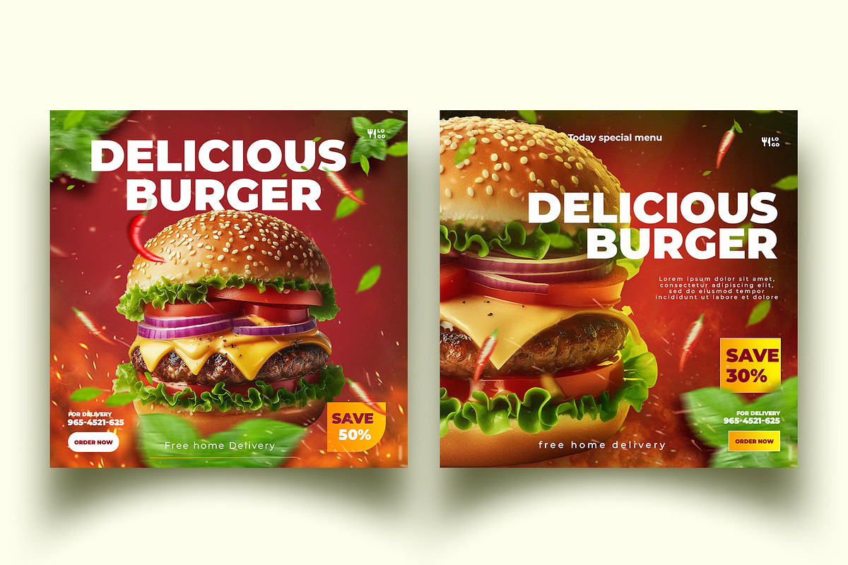 6 burger post  template design, a Social Media Template by graphic bakers (Photo 6 of 6)