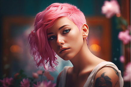 Beautiful woman pink hair. Generate, a Beauty & Fashion Photo by Ylivdesign