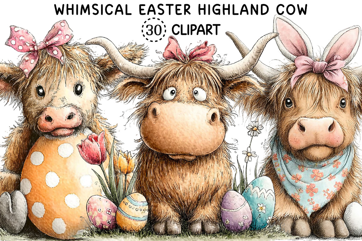 Whimsical Easter Highland Cow Clipar, an Illustration by Creative Art (Photo 1 of 8)