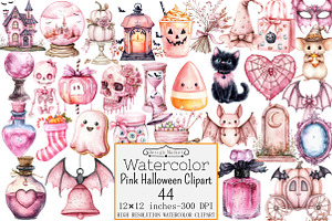 Watercolo Pink Halloween Clipart, a Seasonal Illustration by Design Market