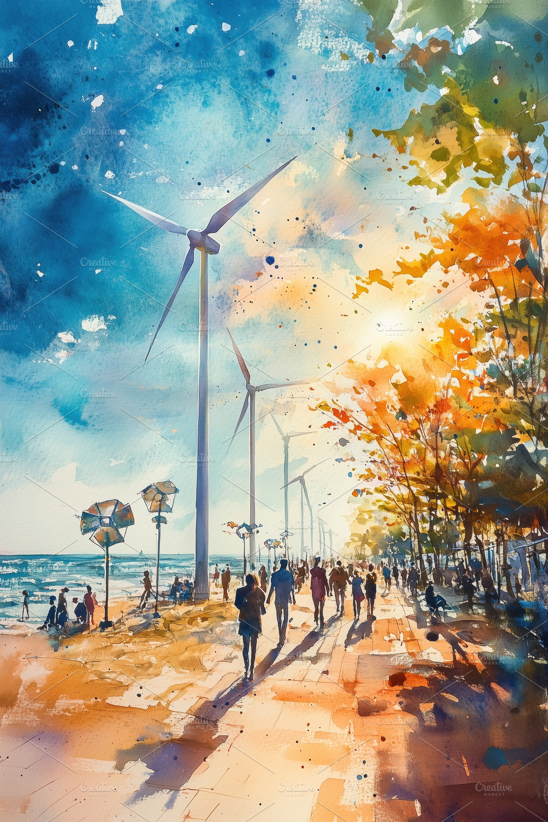 A vibrant watercolor painting depicting a seaside promenade with wind turbines,, a Technology Photo by Textures & Backgrounds