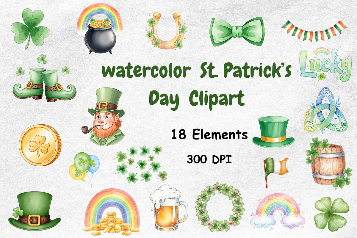 Watercolor St. Patrick’s Day Clipart, a Seasonal Illustration by BerryPieArt (Photo 1 of 4)