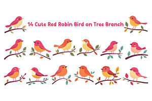 14 Cute Red Robin Bird on Tree Twig, an Animal Illustration by jongcreative