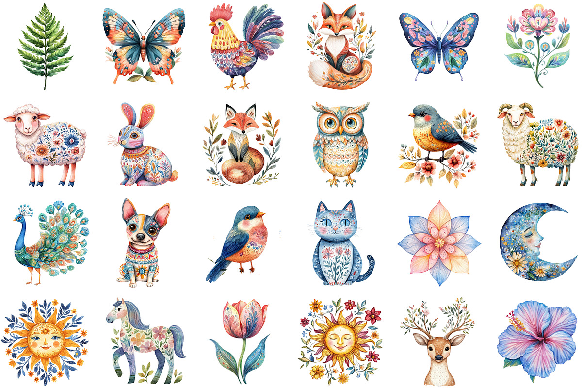 Pastel Folk Art Motifs Flowers Anima, an Illustration by Sublimation Artist (Photo 2 of 6)