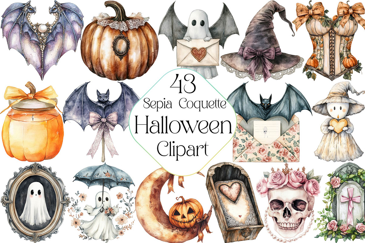 Sepia Coquette Halloween Clipart, an Illustration by DreamPrint404 (Photo 1 of 5)