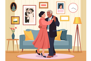 Old couple dance in room. Cute, a Person Illustration by YummyBuum