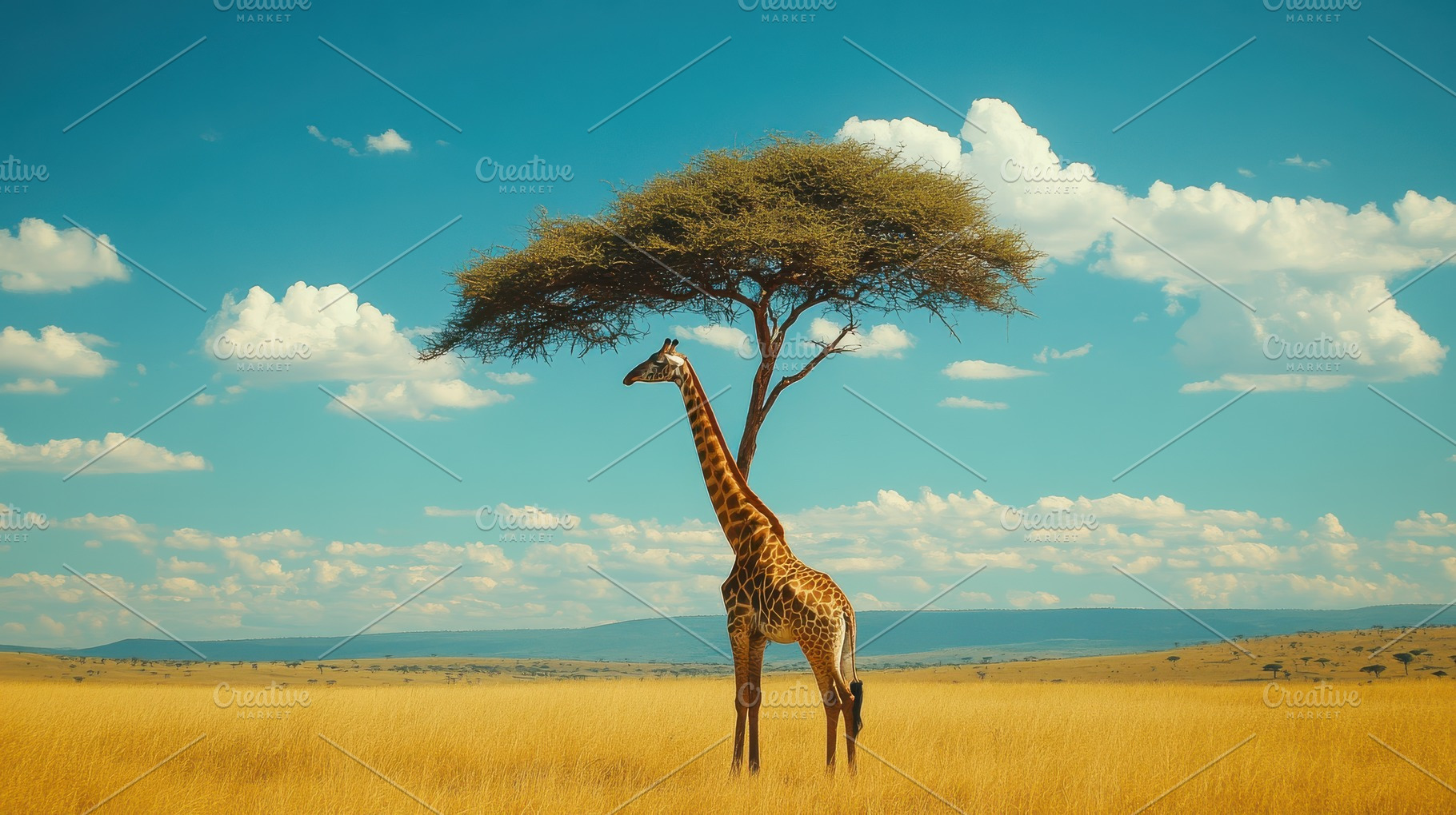 Giraffe stands tall beneath a tree o, an Animal Photo by Pixeness Studio
