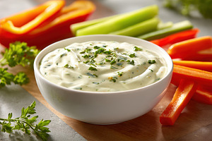 Creamy herb dip with fresh vegetables, a Food & Drink Photo by AlyaAnd