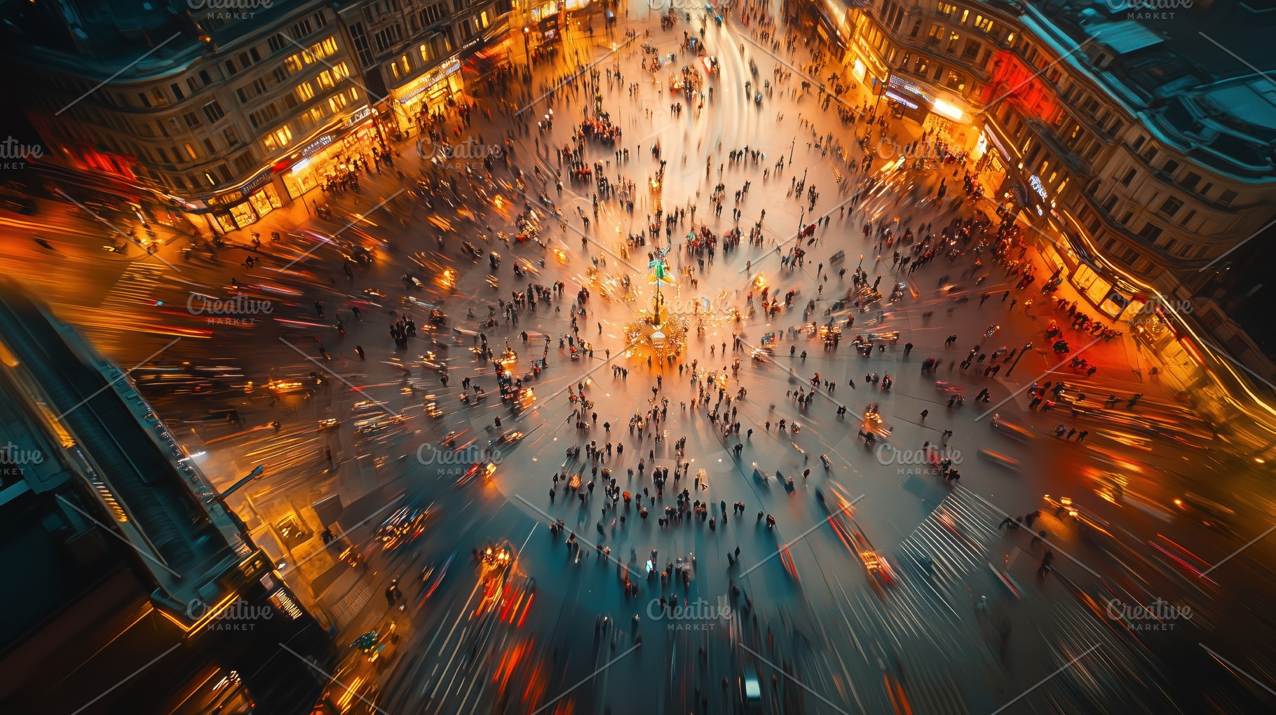 Aerial view of a bustling city intersection at night, filled with people and il, an Industrial Photo by Textures & Backgrounds
