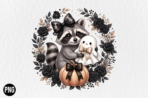 Cute Ghost and Raccoon Halloween, a Seasonal Illustration by CraftArtStudio