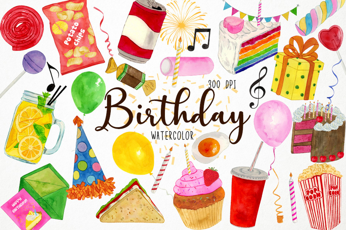 Watercolor Birthday Clipart, Party, an Object Graphic by Paulaparaula (Photo 1 of 3)