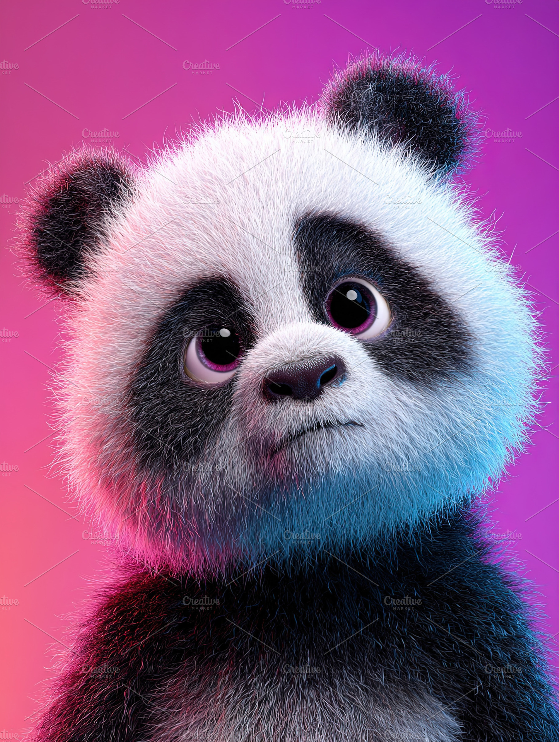 Cute fluffy panda bear with big eyes on a vibrant pink and purpl, an Animal Photo by Ales Munt