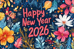 Happy New Year 2026 greeting with colorful floral arrangement an, an Abstract Photo by José Manuel Gelpi