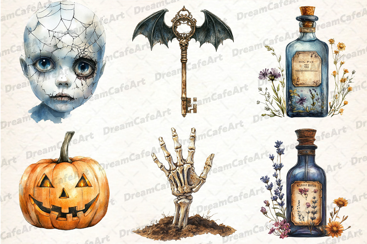 Vintage Creepy Halloween Clipart, an Illustration by DreamCafeArt (Photo 2 of 7)
