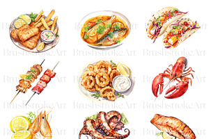 Watercolor Seafood Clipart, Fish PNG