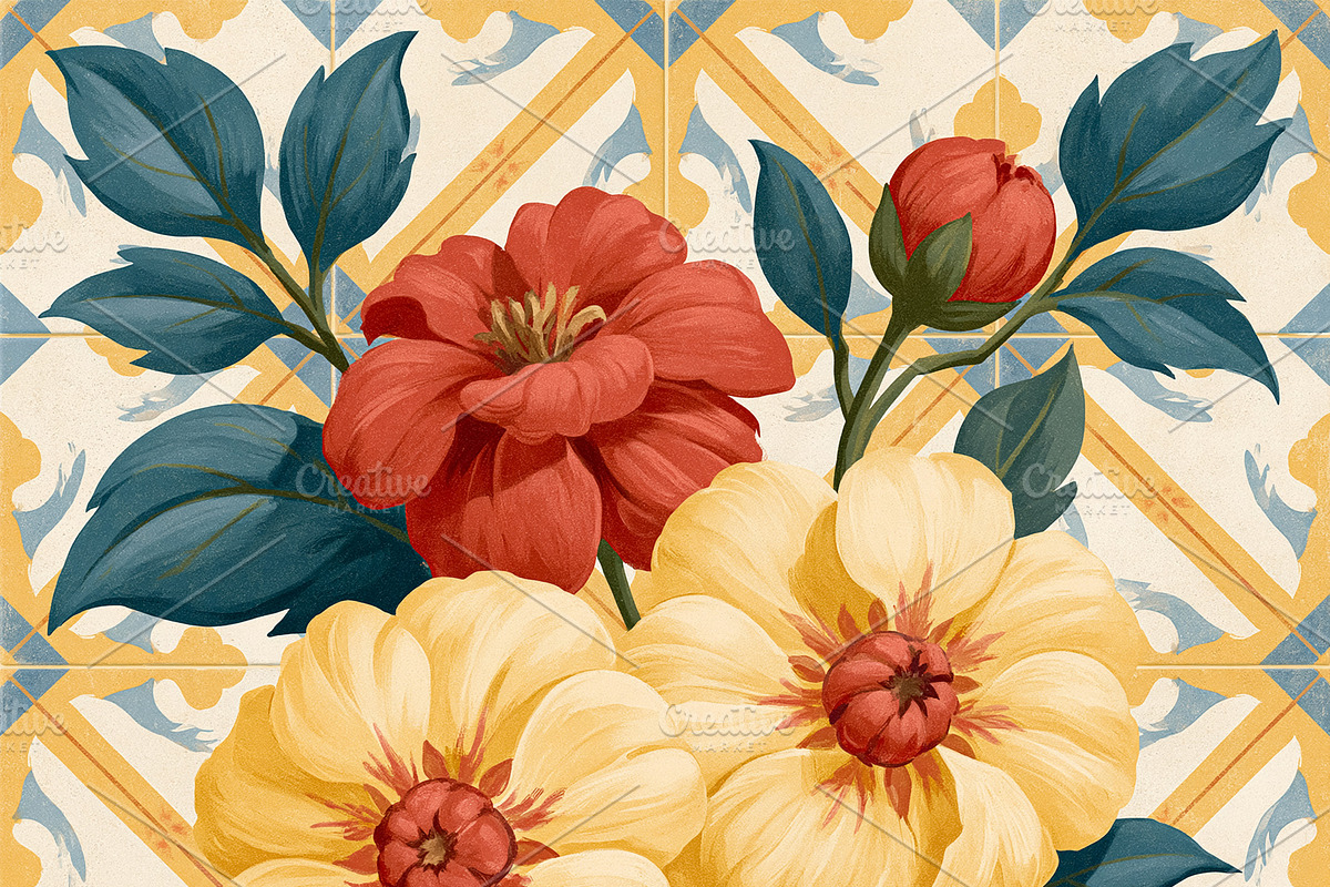 Floral bouquet with red and yellow flowers on a patterned backgr, an Illustration by Studio ANNA