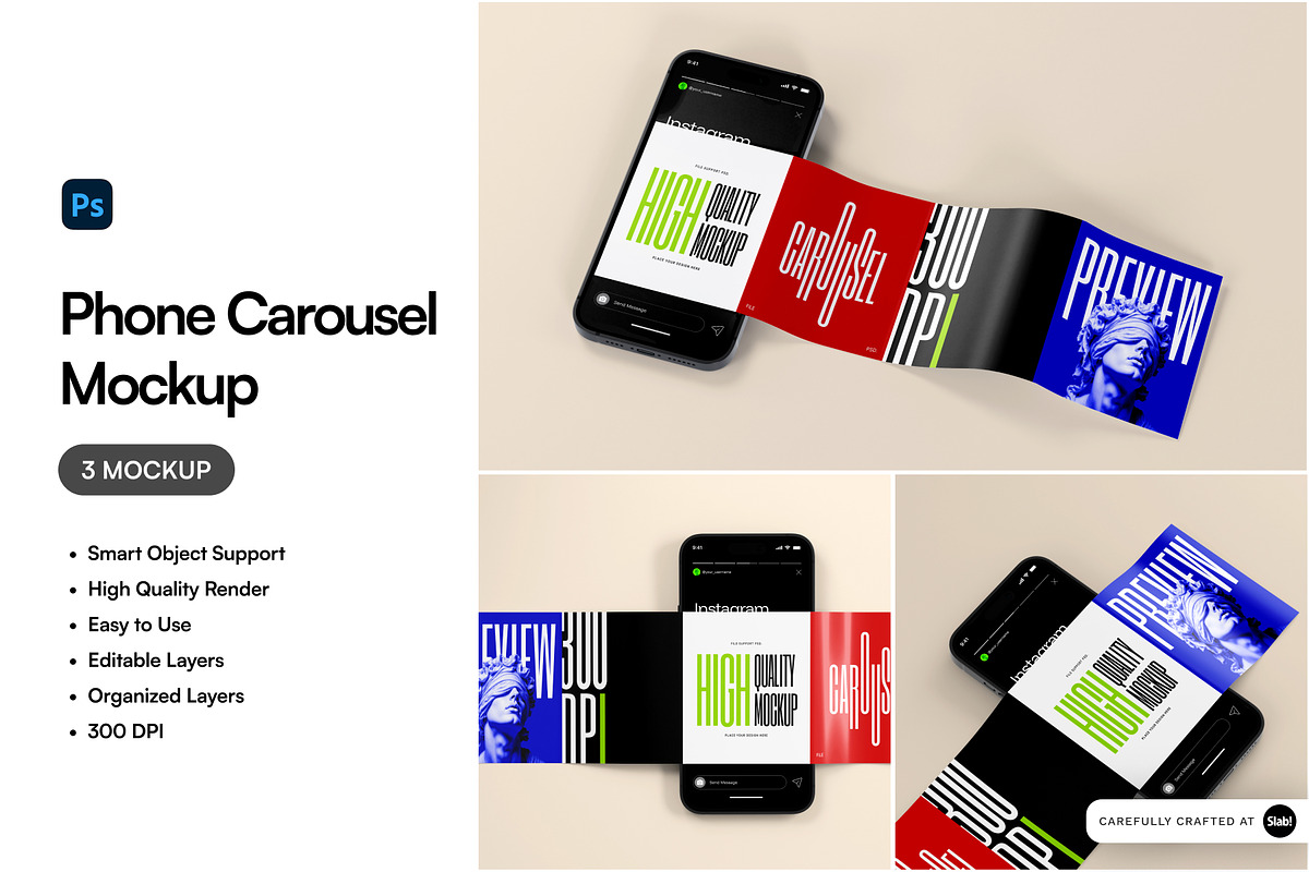 Phone Carousel Mockup, a Mockup by SLAB! Design (Photo 1 of 6)