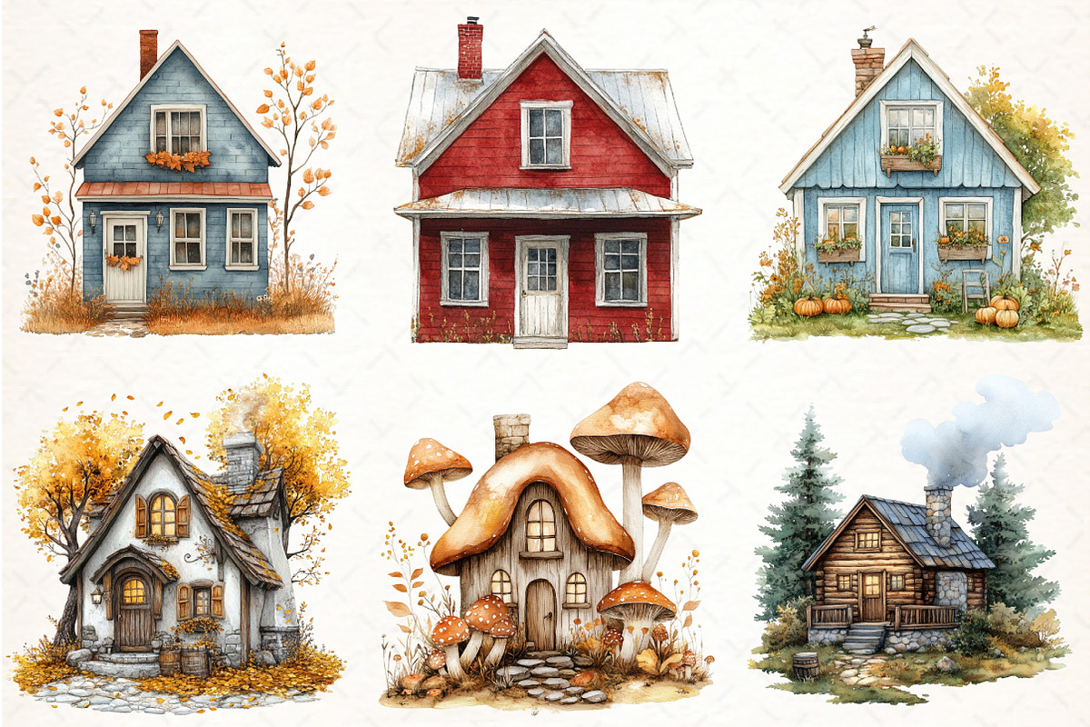 Watercolor Autumn Houses Clipart, an Illustration by Pixels.Craft (Photo 2 of 7)