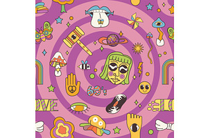 Groovy cartoon psychedelic seamless, an Illustration by Lemberg Vector